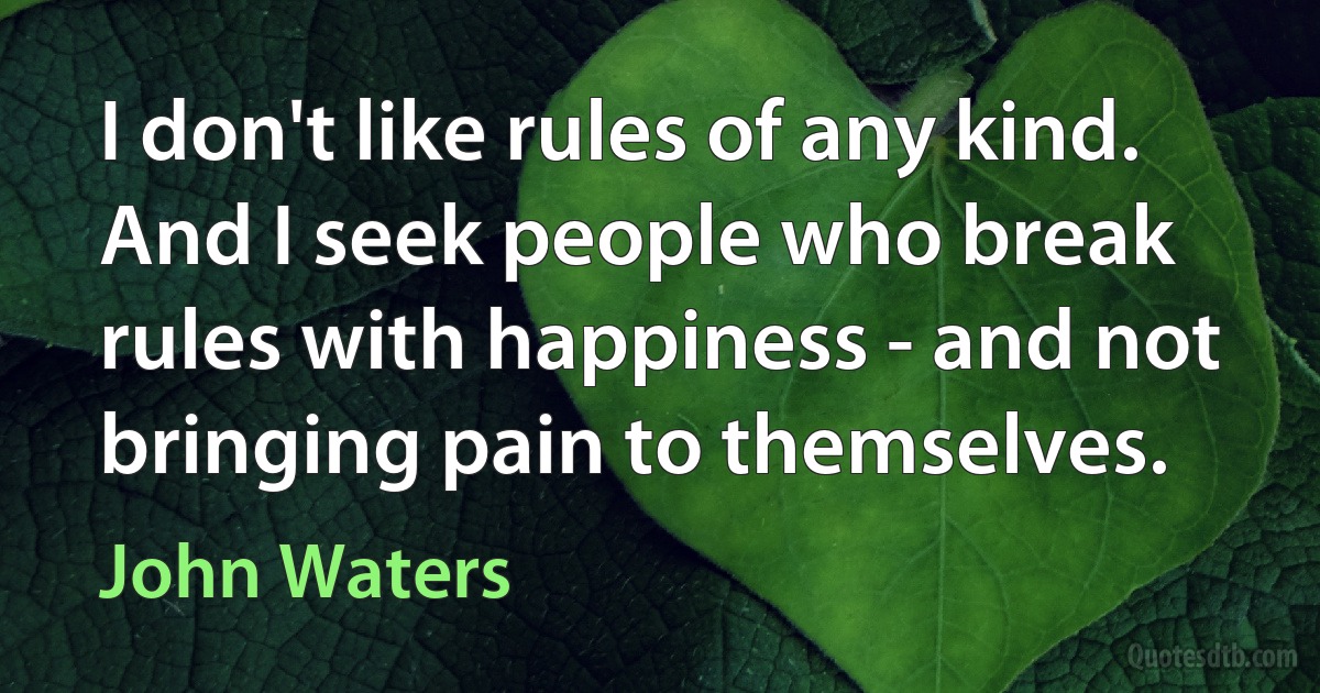 I don't like rules of any kind. And I seek people who break rules with happiness - and not bringing pain to themselves. (John Waters)