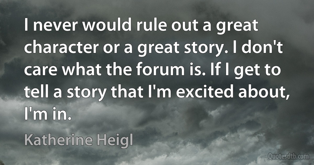 I never would rule out a great character or a great story. I don't care what the forum is. If I get to tell a story that I'm excited about, I'm in. (Katherine Heigl)