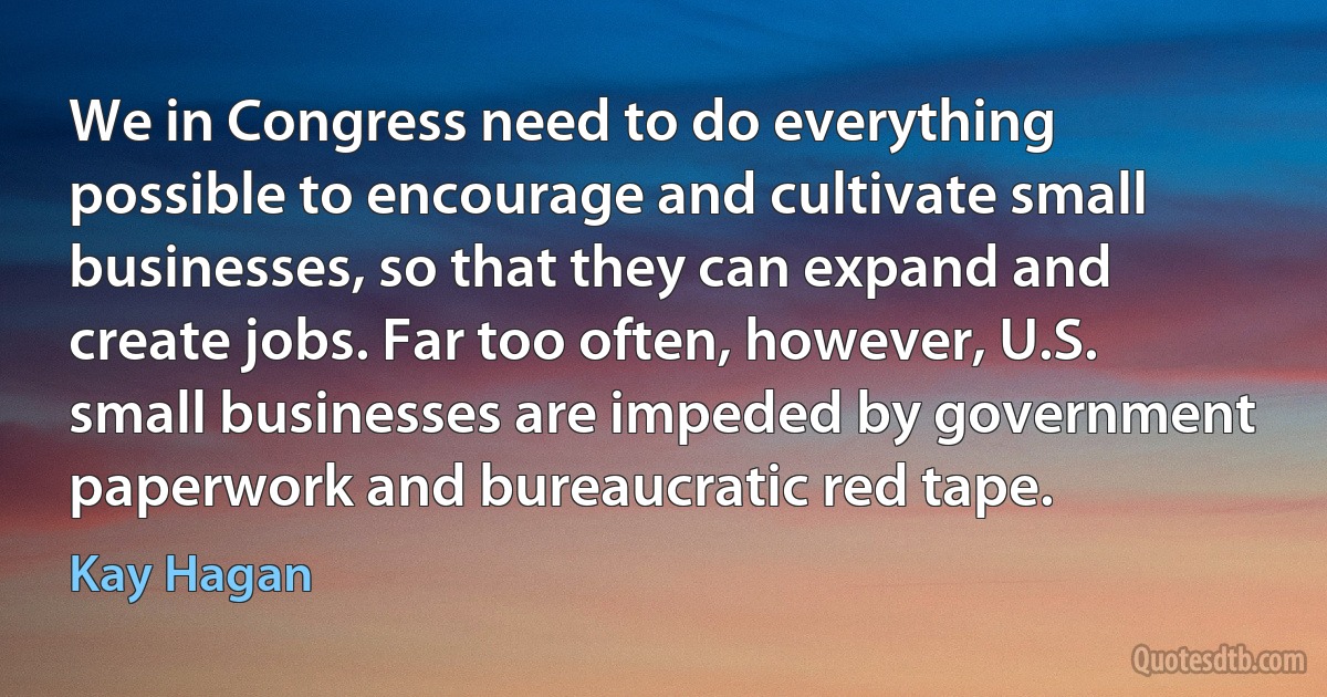 We in Congress need to do everything possible to encourage and cultivate small businesses, so that they can expand and create jobs. Far too often, however, U.S. small businesses are impeded by government paperwork and bureaucratic red tape. (Kay Hagan)