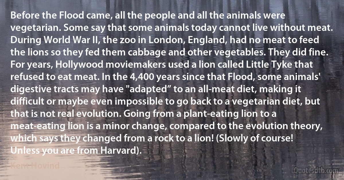 Before the Flood came, all the people and all the animals were vegetarian. Some say that some animals today cannot live without meat. During World War II, the zoo in London, England, had no meat to feed the lions so they fed them cabbage and other vegetables. They did fine. For years, Hollywood moviemakers used a lion called Little Tyke that refused to eat meat. In the 4,400 years since that Flood, some animals' digestive tracts may have "adapted” to an all-meat diet, making it difficult or maybe even impossible to go back to a vegetarian diet, but that is not real evolution. Going from a plant-eating lion to a meat-eating lion is a minor change, compared to the evolution theory, which says they changed from a rock to a lion! (Slowly of course! Unless you are from Harvard). (Kent Hovind)