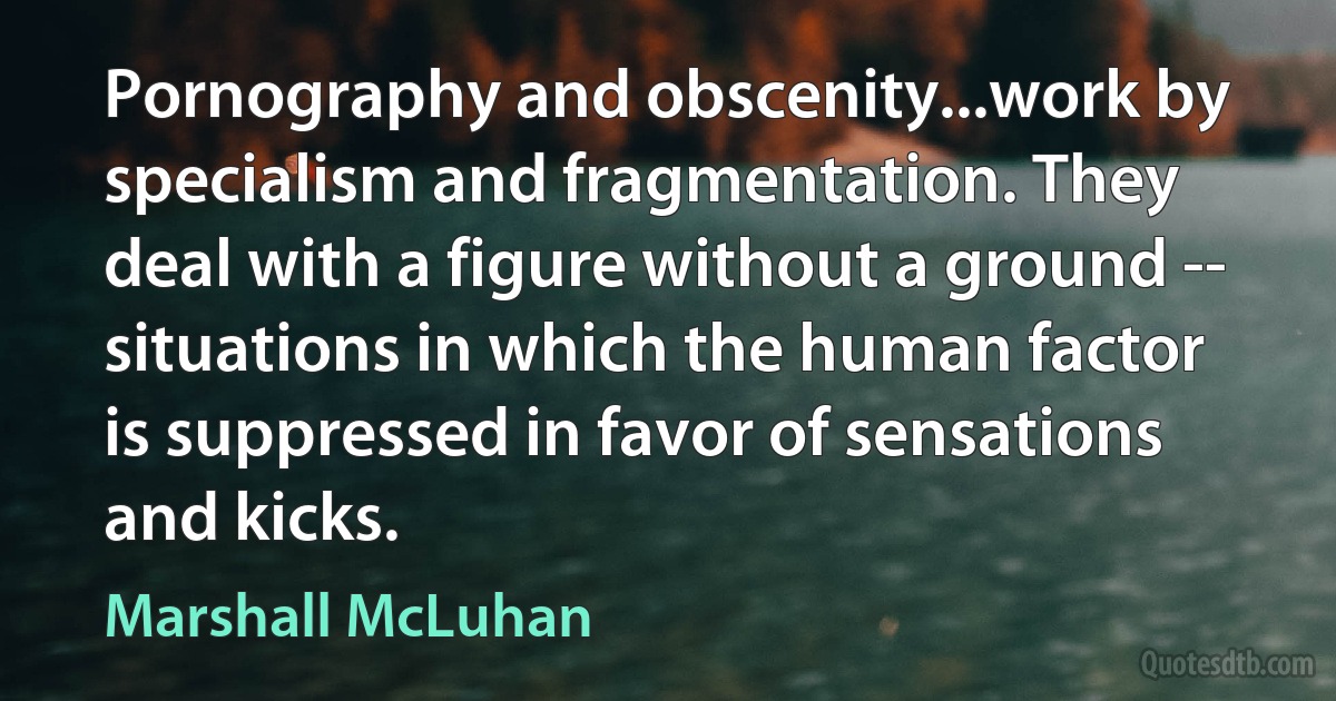 Pornography and obscenity...work by specialism and fragmentation. They deal with a figure without a ground -- situations in which the human factor is suppressed in favor of sensations and kicks. (Marshall McLuhan)