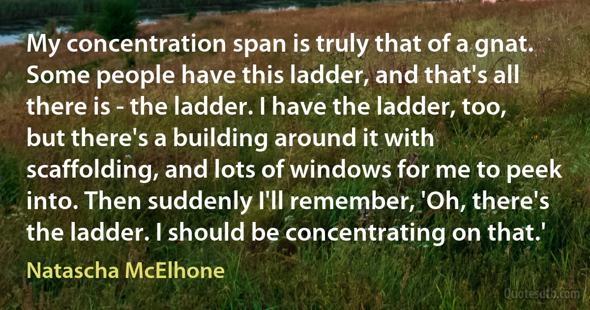 My concentration span is truly that of a gnat. Some people have this ladder, and that's all there is - the ladder. I have the ladder, too, but there's a building around it with scaffolding, and lots of windows for me to peek into. Then suddenly I'll remember, 'Oh, there's the ladder. I should be concentrating on that.' (Natascha McElhone)