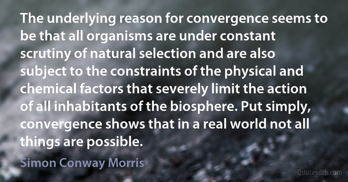 The underlying reason for convergence seems to be that all organisms are under constant scrutiny of natural selection and are also subject to the constraints of the physical and chemical factors that severely limit the action of all inhabitants of the biosphere. Put simply, convergence shows that in a real world not all things are possible. (Simon Conway Morris)