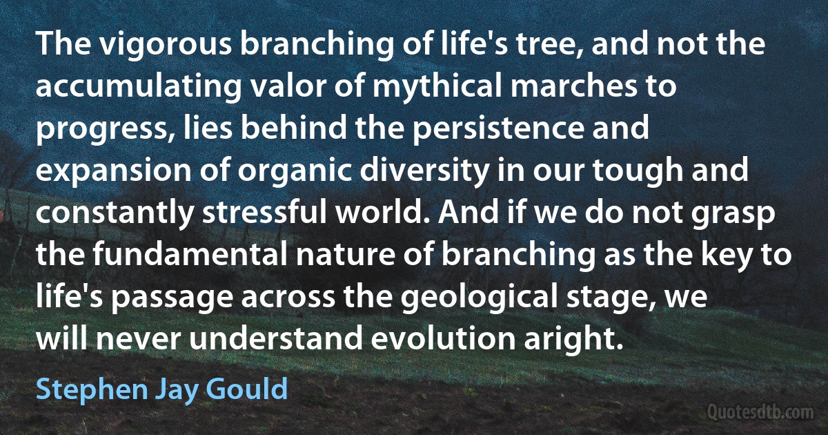 The vigorous branching of life's tree, and not the accumulating valor of mythical marches to progress, lies behind the persistence and expansion of organic diversity in our tough and constantly stressful world. And if we do not grasp the fundamental nature of branching as the key to life's passage across the geological stage, we will never understand evolution aright. (Stephen Jay Gould)