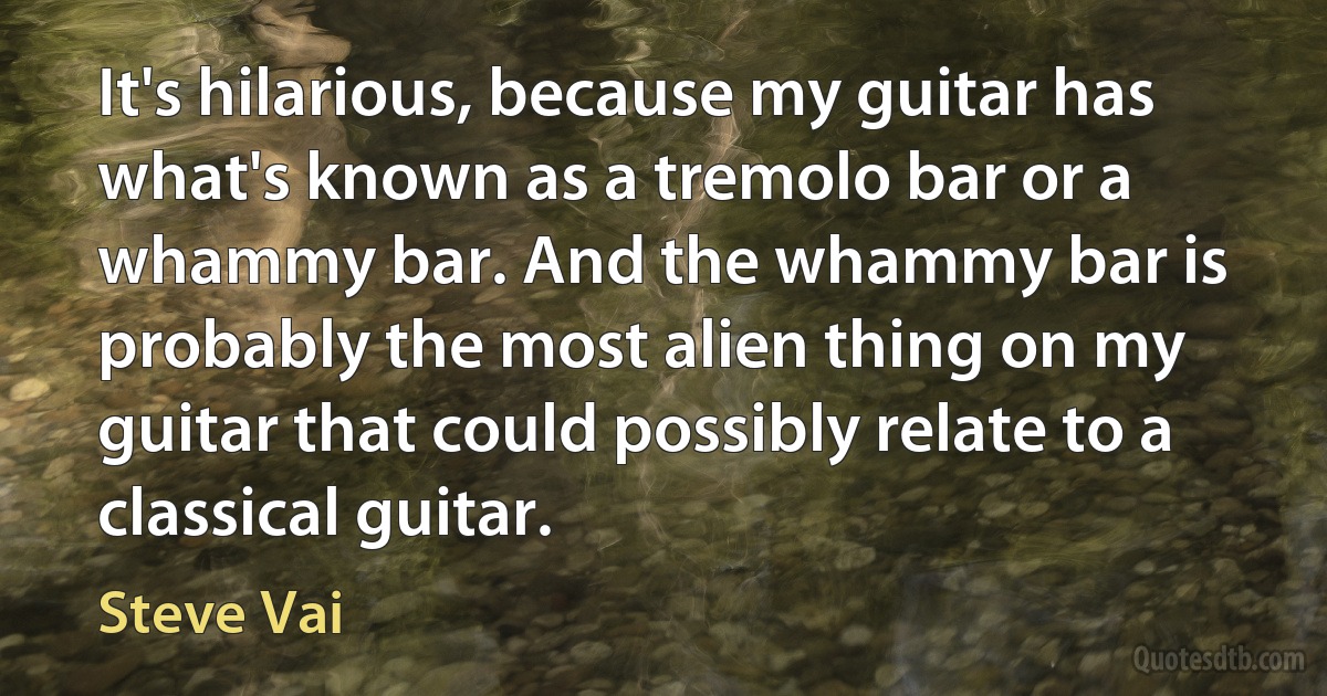 It's hilarious, because my guitar has what's known as a tremolo bar or a whammy bar. And the whammy bar is probably the most alien thing on my guitar that could possibly relate to a classical guitar. (Steve Vai)