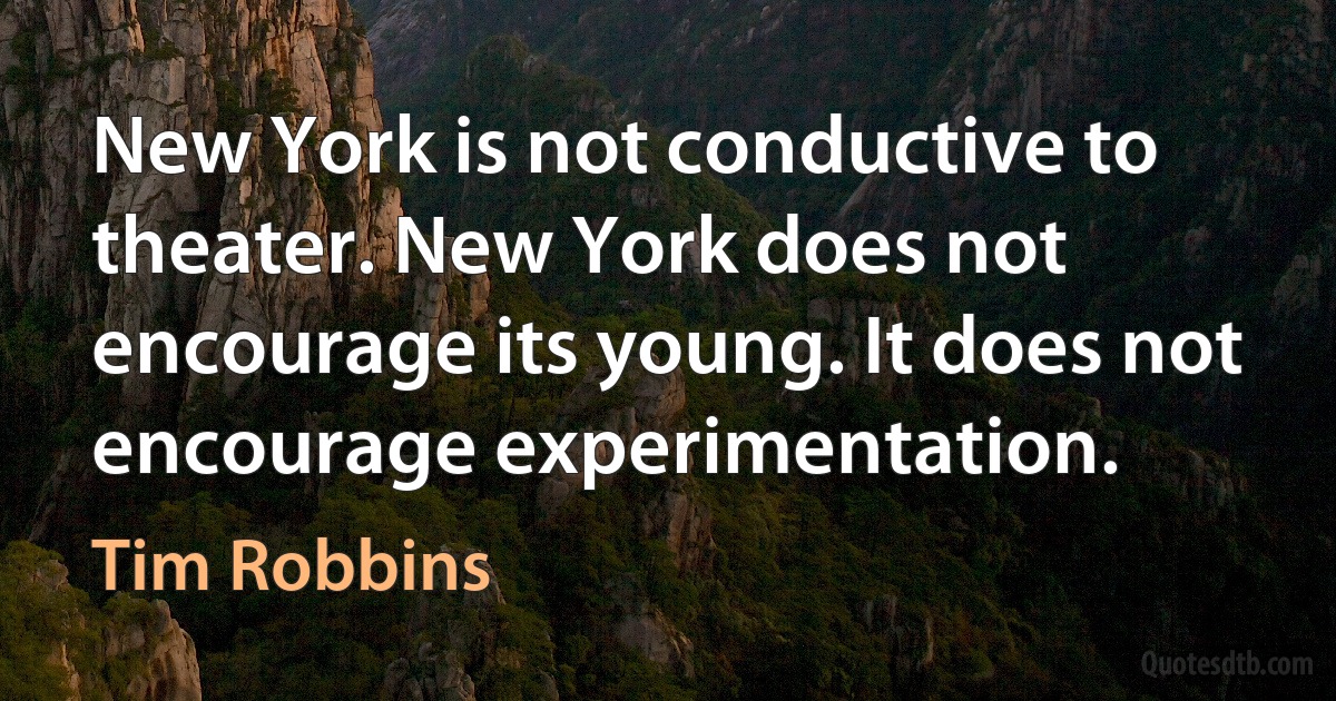 New York is not conductive to theater. New York does not encourage its young. It does not encourage experimentation. (Tim Robbins)