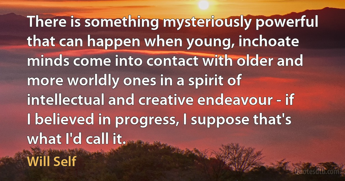 There is something mysteriously powerful that can happen when young, inchoate minds come into contact with older and more worldly ones in a spirit of intellectual and creative endeavour - if I believed in progress, I suppose that's what I'd call it. (Will Self)