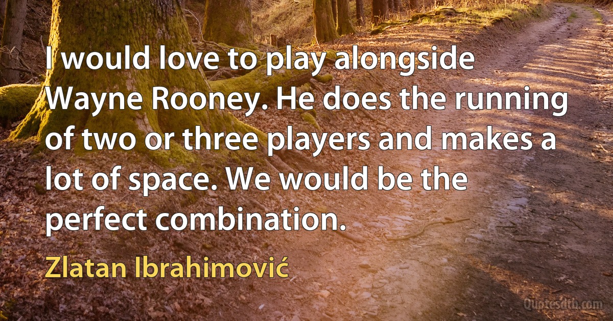 I would love to play alongside Wayne Rooney. He does the running of two or three players and makes a lot of space. We would be the perfect combination. (Zlatan Ibrahimović)