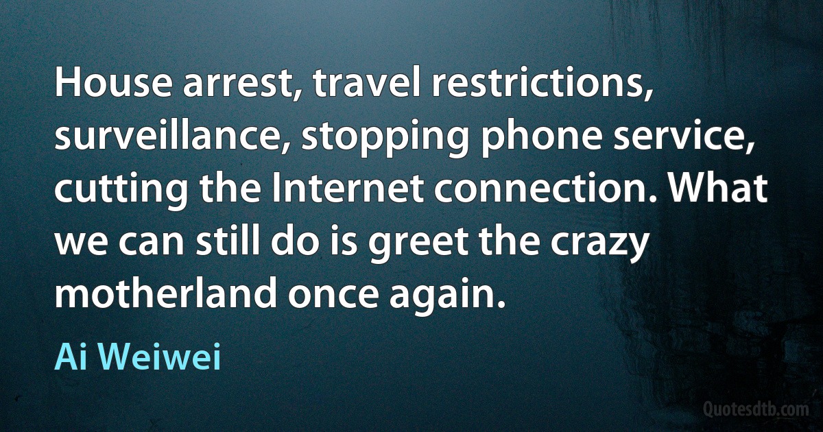 House arrest, travel restrictions, surveillance, stopping phone service, cutting the Internet connection. What we can still do is greet the crazy motherland once again. (Ai Weiwei)