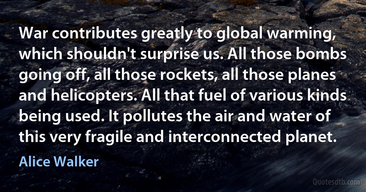 War contributes greatly to global warming, which shouldn't surprise us. All those bombs going off, all those rockets, all those planes and helicopters. All that fuel of various kinds being used. It pollutes the air and water of this very fragile and interconnected planet. (Alice Walker)