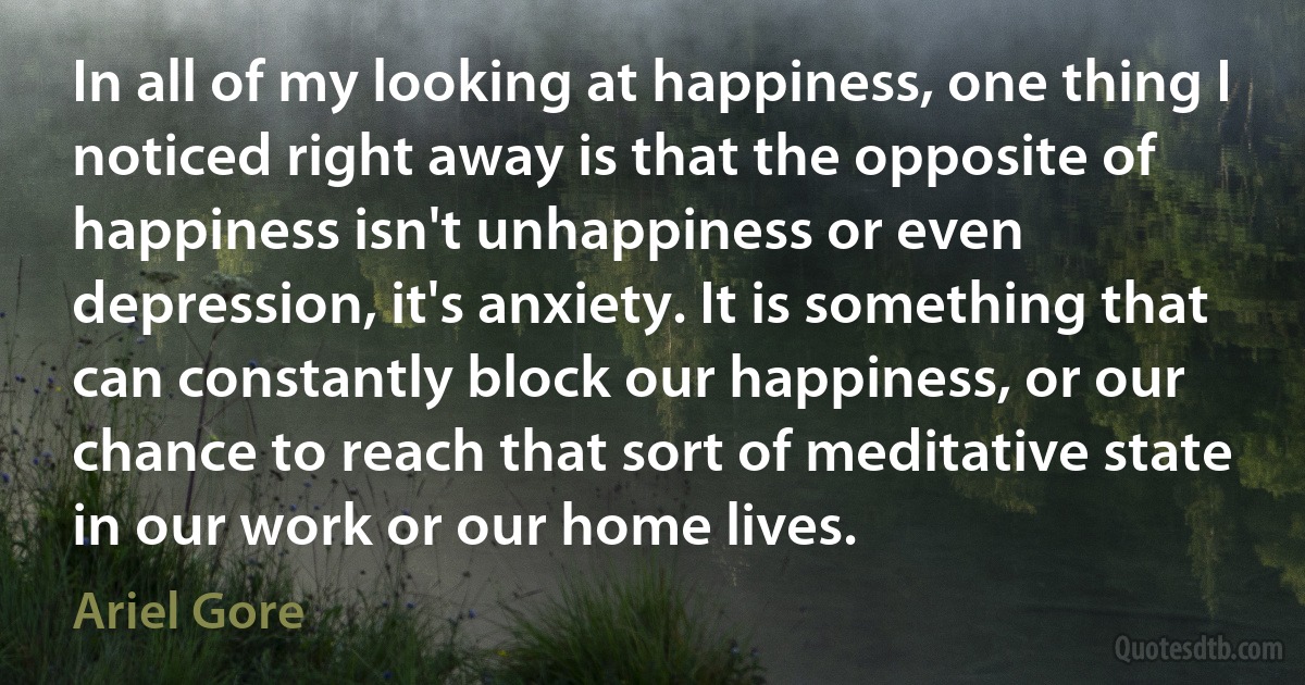 In all of my looking at happiness, one thing I noticed right away is that the opposite of happiness isn't unhappiness or even depression, it's anxiety. It is something that can constantly block our happiness, or our chance to reach that sort of meditative state in our work or our home lives. (Ariel Gore)