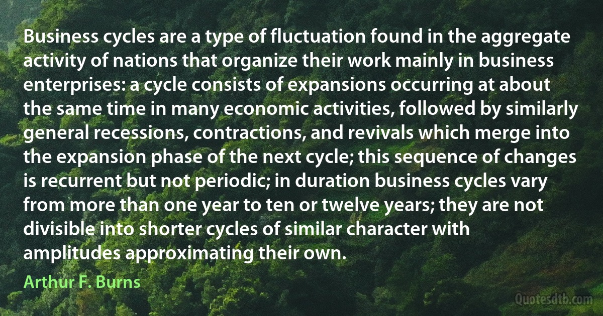 Business cycles are a type of fluctuation found in the aggregate activity of nations that organize their work mainly in business enterprises: a cycle consists of expansions occurring at about the same time in many economic activities, followed by similarly general recessions, contractions, and revivals which merge into the expansion phase of the next cycle; this sequence of changes is recurrent but not periodic; in duration business cycles vary from more than one year to ten or twelve years; they are not divisible into shorter cycles of similar character with amplitudes approximating their own. (Arthur F. Burns)