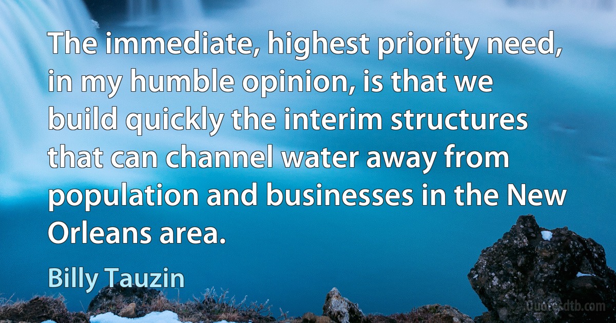 The immediate, highest priority need, in my humble opinion, is that we build quickly the interim structures that can channel water away from population and businesses in the New Orleans area. (Billy Tauzin)