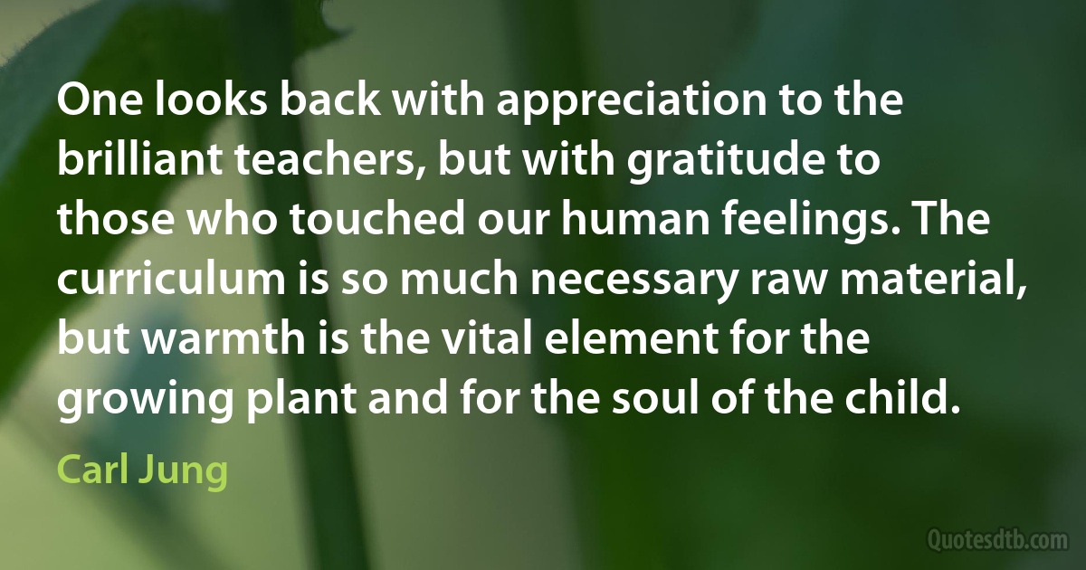 One looks back with appreciation to the brilliant teachers, but with gratitude to those who touched our human feelings. The curriculum is so much necessary raw material, but warmth is the vital element for the growing plant and for the soul of the child. (Carl Jung)