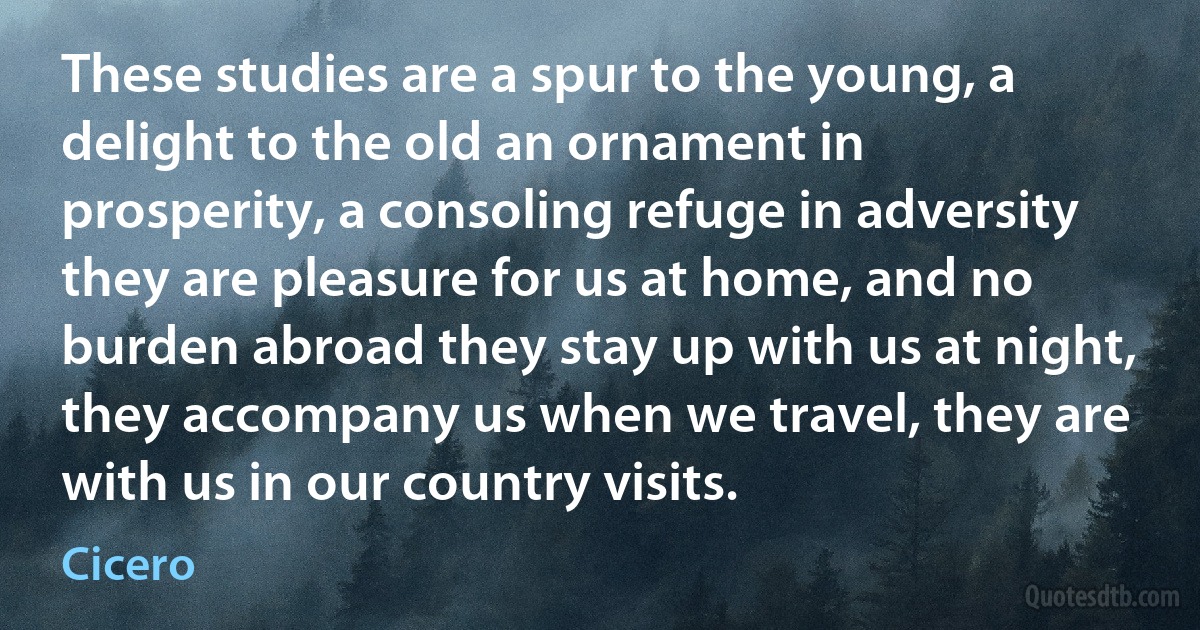 These studies are a spur to the young, a delight to the old an ornament in prosperity, a consoling refuge in adversity they are pleasure for us at home, and no burden abroad they stay up with us at night, they accompany us when we travel, they are with us in our country visits. (Cicero)