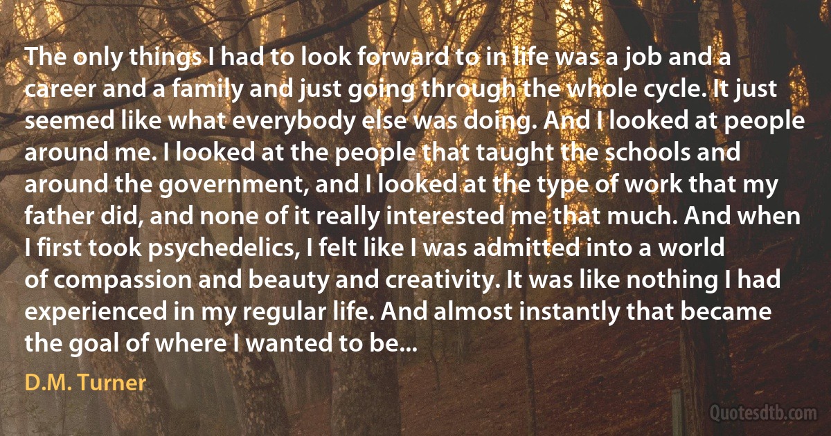 The only things I had to look forward to in life was a job and a career and a family and just going through the whole cycle. It just seemed like what everybody else was doing. And I looked at people around me. I looked at the people that taught the schools and around the government, and I looked at the type of work that my father did, and none of it really interested me that much. And when I first took psychedelics, I felt like I was admitted into a world of compassion and beauty and creativity. It was like nothing I had experienced in my regular life. And almost instantly that became the goal of where I wanted to be... (D.M. Turner)