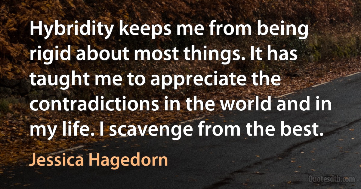 Hybridity keeps me from being rigid about most things. It has taught me to appreciate the contradictions in the world and in my life. I scavenge from the best. (Jessica Hagedorn)