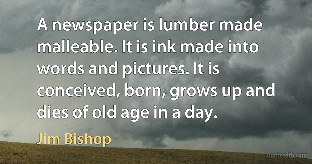 A newspaper is lumber made malleable. It is ink made into words and pictures. It is conceived, born, grows up and dies of old age in a day. (Jim Bishop)