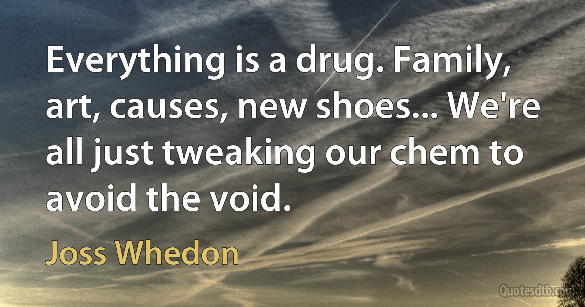 Everything is a drug. Family, art, causes, new shoes... We're all just tweaking our chem to avoid the void. (Joss Whedon)