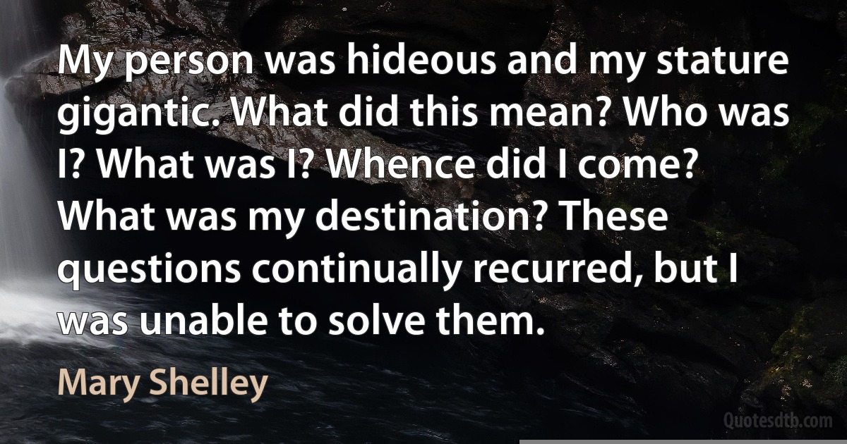 My person was hideous and my stature gigantic. What did this mean? Who was I? What was I? Whence did I come? What was my destination? These questions continually recurred, but I was unable to solve them. (Mary Shelley)