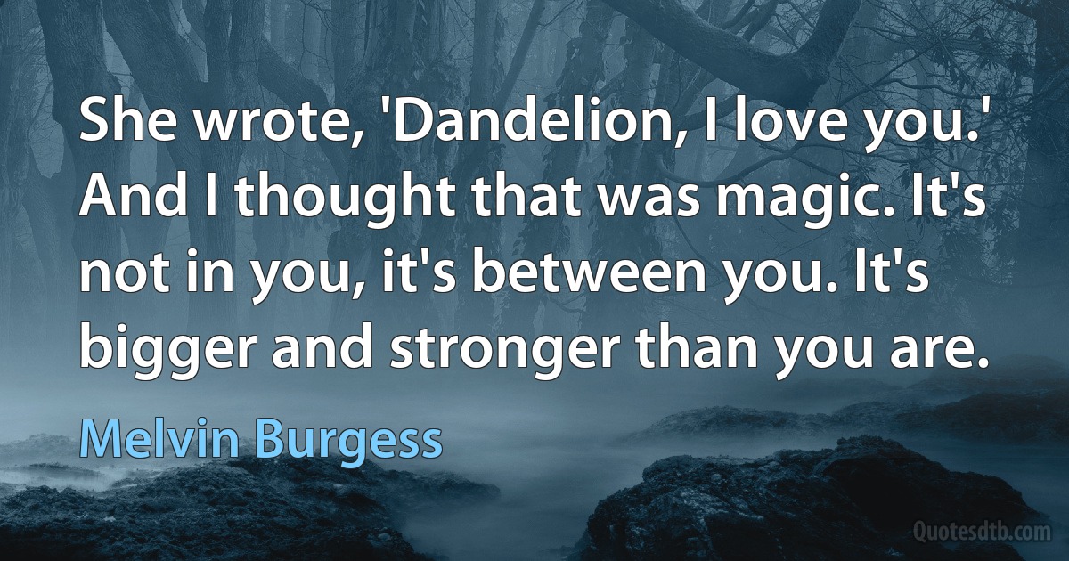 She wrote, 'Dandelion, I love you.' And I thought that was magic. It's not in you, it's between you. It's bigger and stronger than you are. (Melvin Burgess)