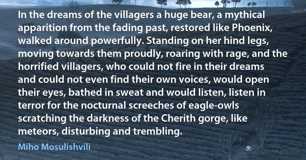 In the dreams of the villagers a huge bear, a mythical apparition from the fading past, restored like Phoenix, walked around powerfully. Standing on her hind legs, moving towards them proudly, roaring with rage, and the horrified villagers, who could not fire in their dreams and could not even find their own voices, would open their eyes, bathed in sweat and would listen, listen in terror for the nocturnal screeches of eagle-owls scratching the darkness of the Cherith gorge, like meteors, disturbing and trembling. (Miho Mosulishvili)