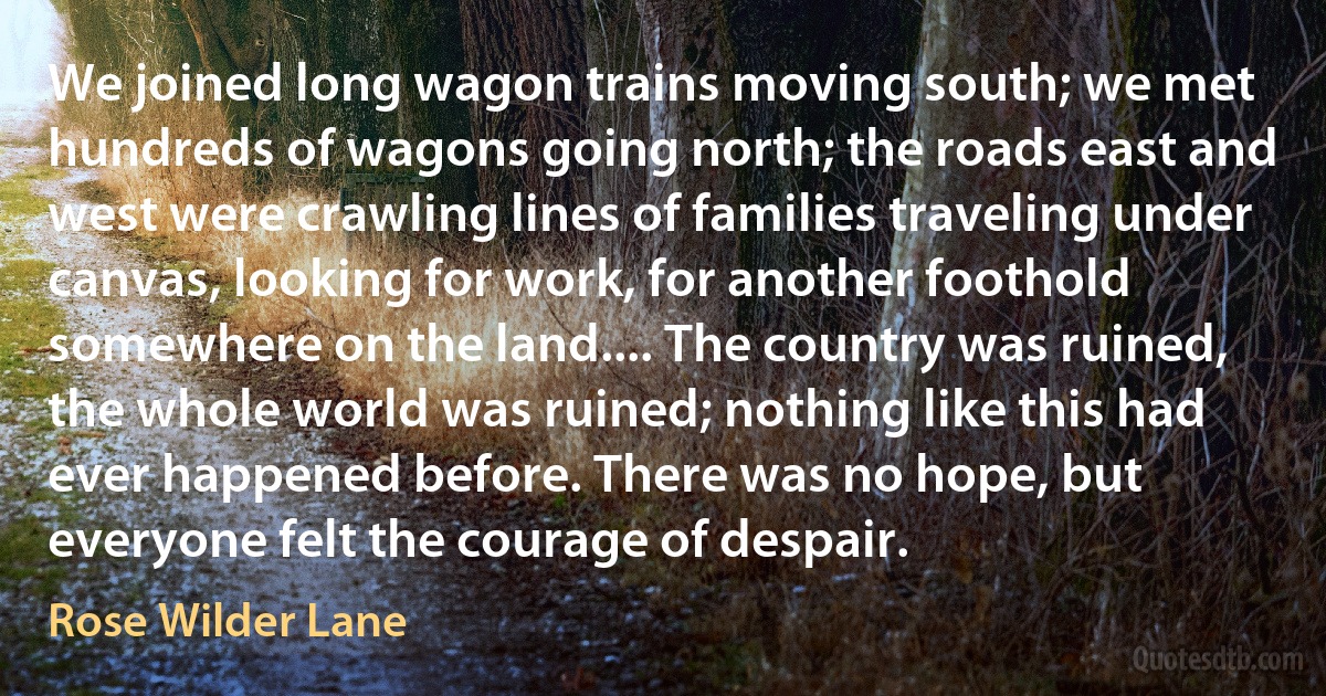 We joined long wagon trains moving south; we met hundreds of wagons going north; the roads east and west were crawling lines of families traveling under canvas, looking for work, for another foothold somewhere on the land.... The country was ruined, the whole world was ruined; nothing like this had ever happened before. There was no hope, but everyone felt the courage of despair. (Rose Wilder Lane)