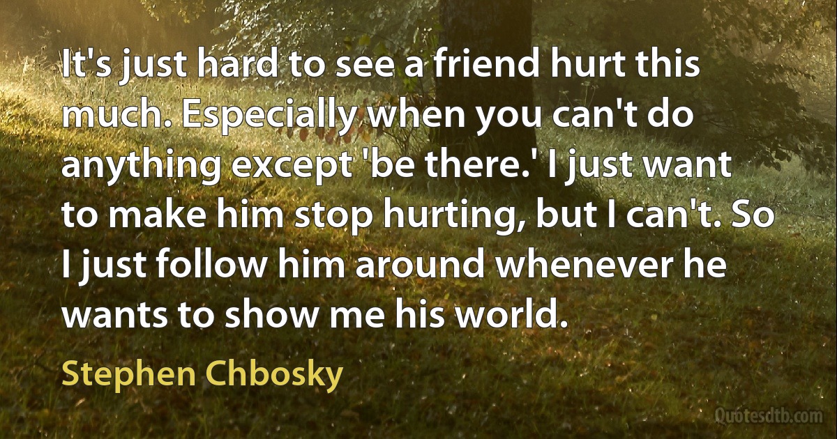 It's just hard to see a friend hurt this much. Especially when you can't do anything except 'be there.' I just want to make him stop hurting, but I can't. So I just follow him around whenever he wants to show me his world. (Stephen Chbosky)