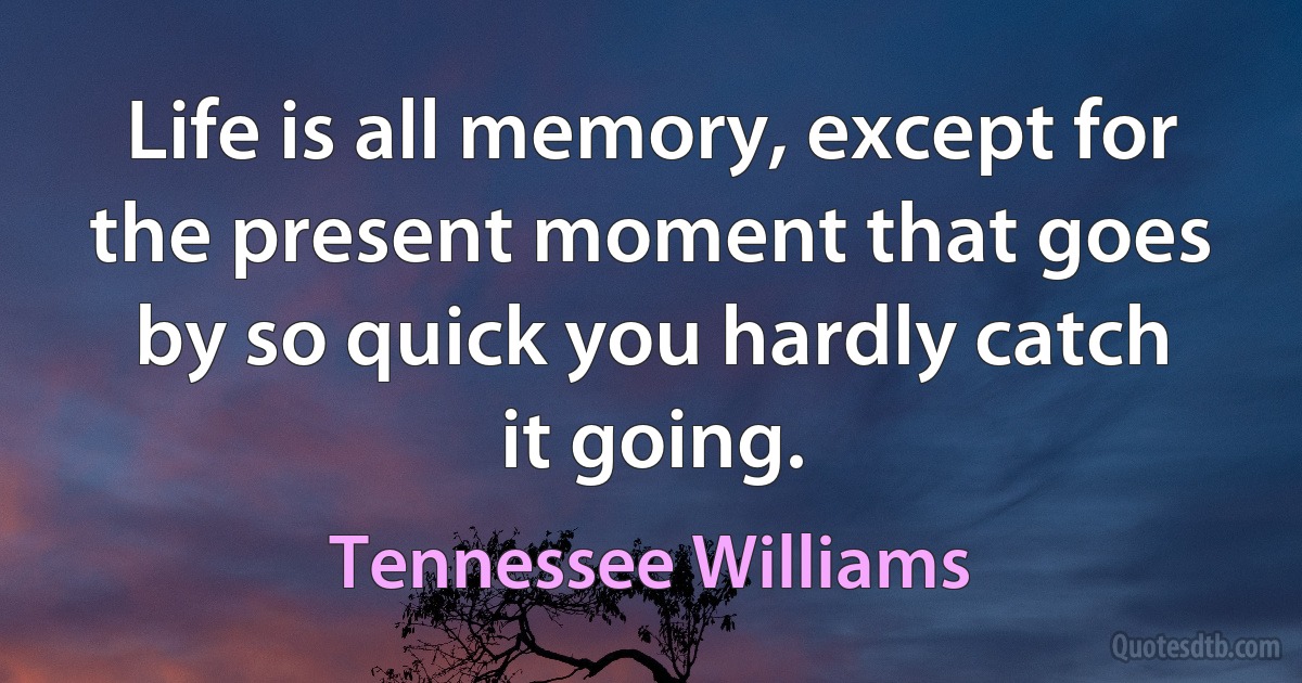 Life is all memory, except for the present moment that goes by so quick you hardly catch it going. (Tennessee Williams)