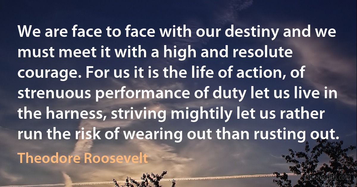 We are face to face with our destiny and we must meet it with a high and resolute courage. For us it is the life of action, of strenuous performance of duty let us live in the harness, striving mightily let us rather run the risk of wearing out than rusting out. (Theodore Roosevelt)