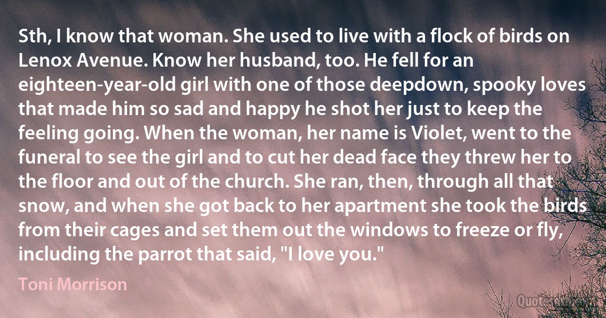 Sth, I know that woman. She used to live with a flock of birds on Lenox Avenue. Know her husband, too. He fell for an eighteen-year-old girl with one of those deepdown, spooky loves that made him so sad and happy he shot her just to keep the feeling going. When the woman, her name is Violet, went to the funeral to see the girl and to cut her dead face they threw her to the floor and out of the church. She ran, then, through all that snow, and when she got back to her apartment she took the birds from their cages and set them out the windows to freeze or fly, including the parrot that said, "I love you." (Toni Morrison)