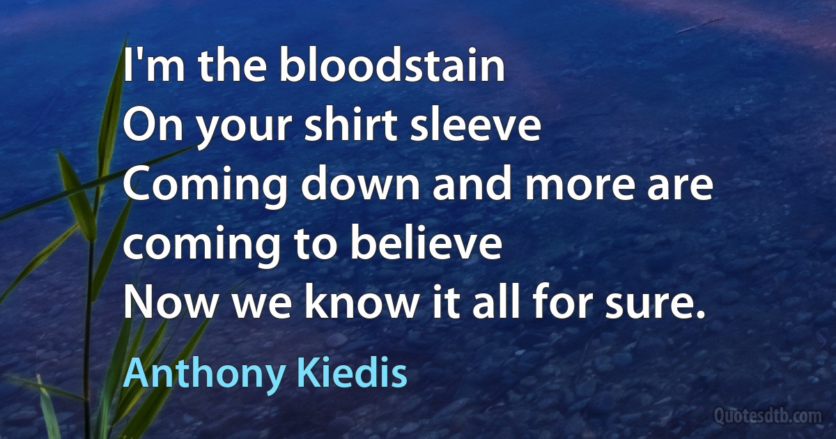 I'm the bloodstain
On your shirt sleeve
Coming down and more are coming to believe
Now we know it all for sure. (Anthony Kiedis)