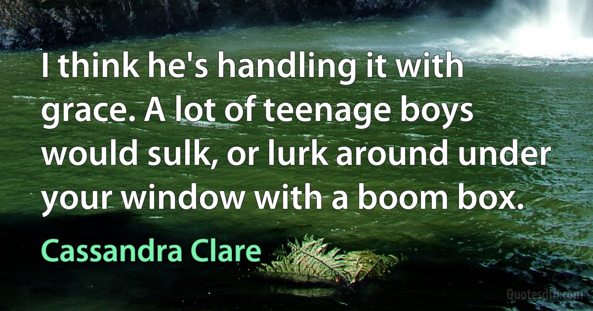 I think he's handling it with grace. A lot of teenage boys would sulk, or lurk around under your window with a boom box. (Cassandra Clare)