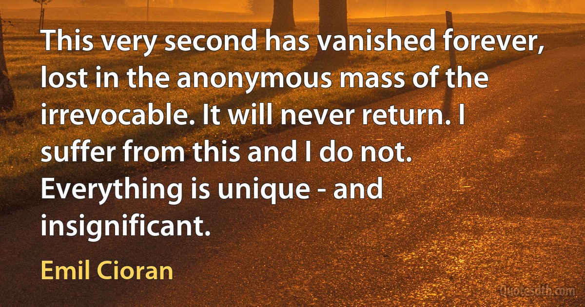 This very second has vanished forever, lost in the anonymous mass of the irrevocable. It will never return. I suffer from this and I do not. Everything is unique - and insignificant. (Emil Cioran)