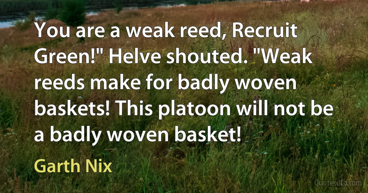 You are a weak reed, Recruit Green!" Helve shouted. "Weak reeds make for badly woven baskets! This platoon will not be a badly woven basket! (Garth Nix)