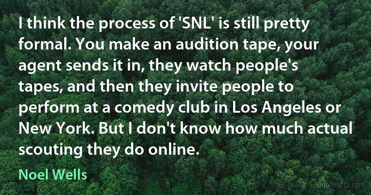 I think the process of 'SNL' is still pretty formal. You make an audition tape, your agent sends it in, they watch people's tapes, and then they invite people to perform at a comedy club in Los Angeles or New York. But I don't know how much actual scouting they do online. (Noel Wells)