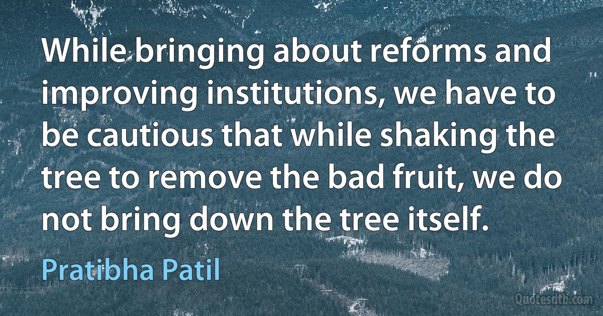 While bringing about reforms and improving institutions, we have to be cautious that while shaking the tree to remove the bad fruit, we do not bring down the tree itself. (Pratibha Patil)