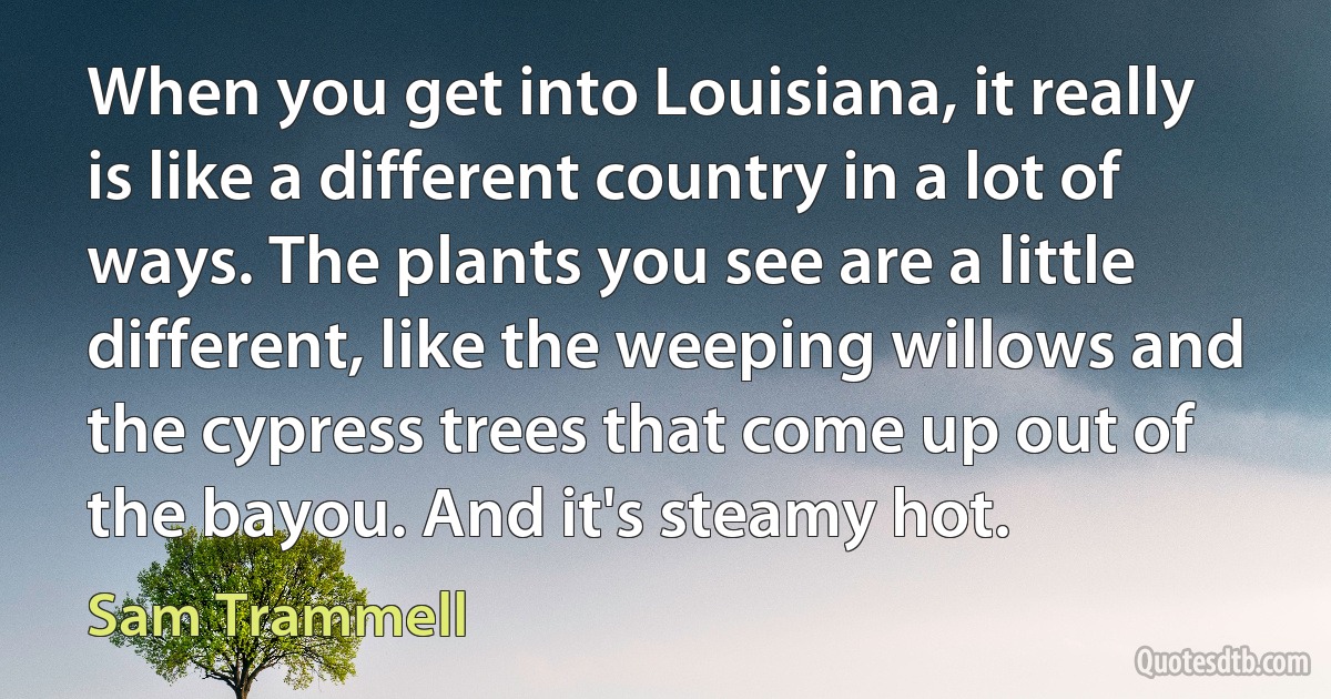 When you get into Louisiana, it really is like a different country in a lot of ways. The plants you see are a little different, like the weeping willows and the cypress trees that come up out of the bayou. And it's steamy hot. (Sam Trammell)