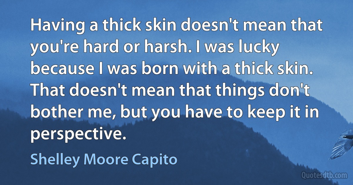 Having a thick skin doesn't mean that you're hard or harsh. I was lucky because I was born with a thick skin. That doesn't mean that things don't bother me, but you have to keep it in perspective. (Shelley Moore Capito)