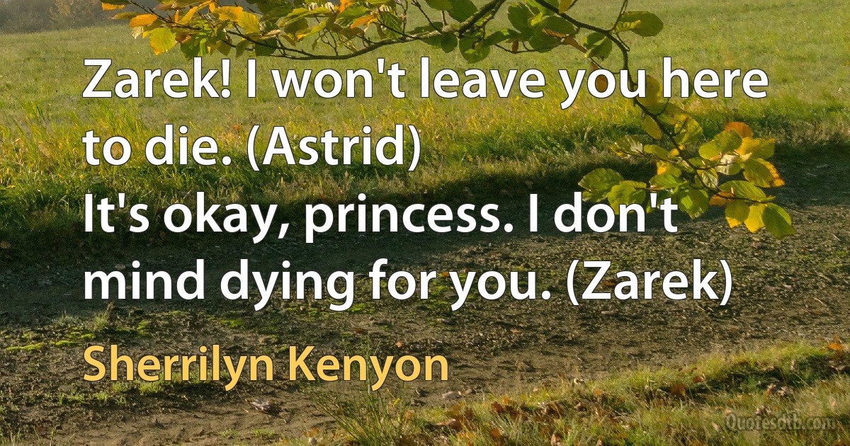 Zarek! I won't leave you here to die. (Astrid)
It's okay, princess. I don't mind dying for you. (Zarek) (Sherrilyn Kenyon)