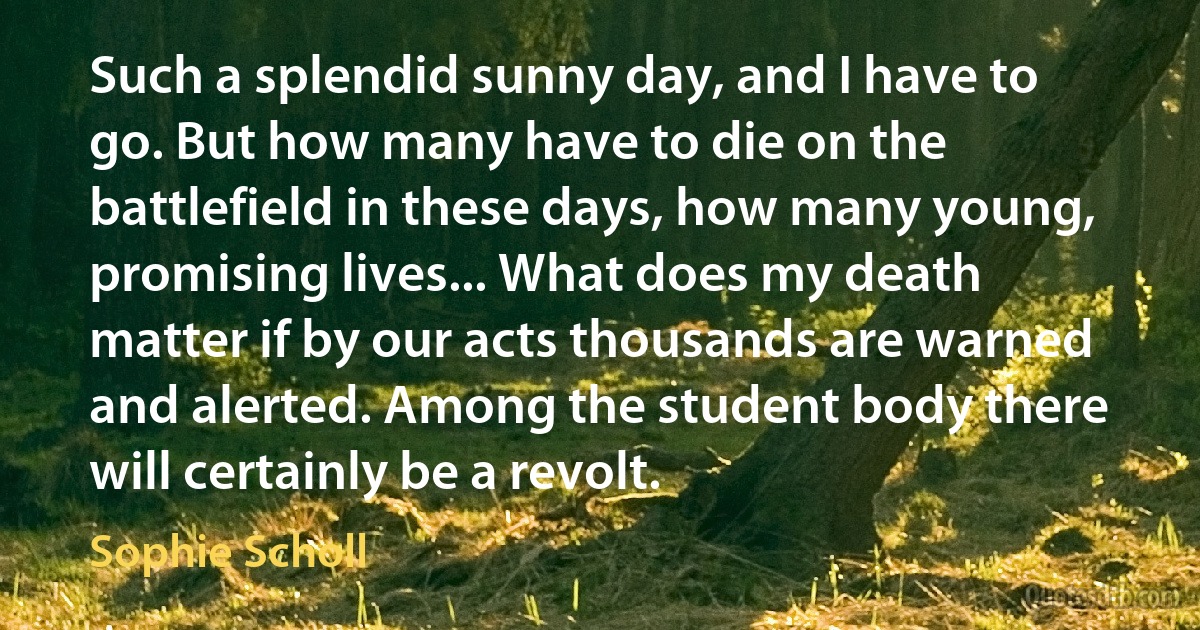 Such a splendid sunny day, and I have to go. But how many have to die on the battlefield in these days, how many young, promising lives... What does my death matter if by our acts thousands are warned and alerted. Among the student body there will certainly be a revolt. (Sophie Scholl)