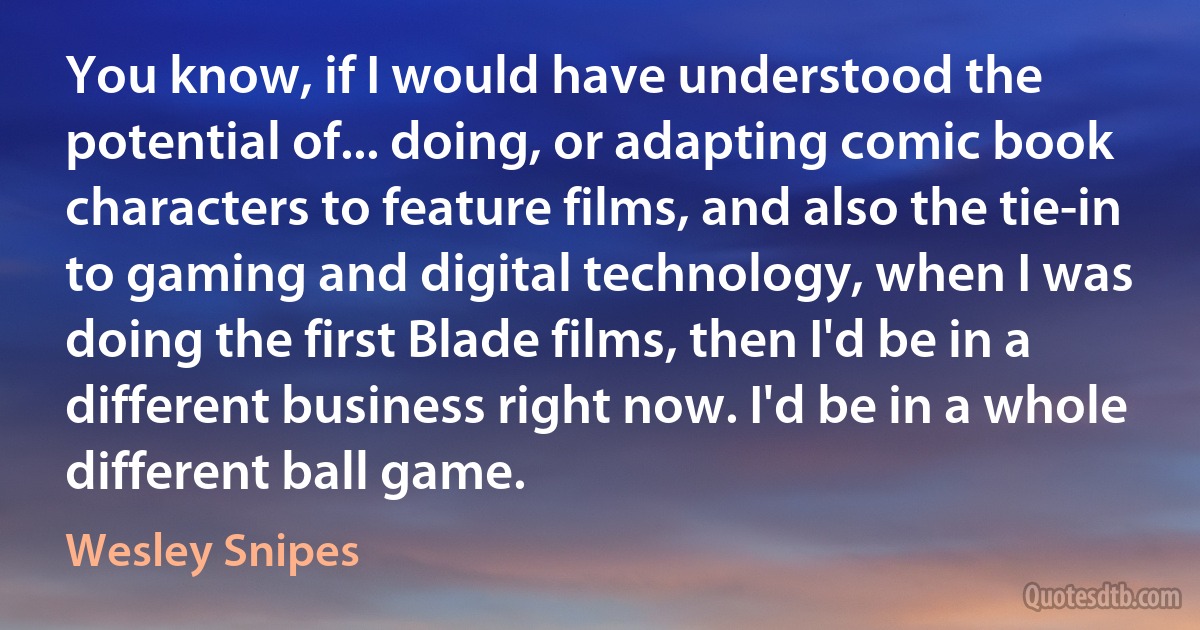 You know, if I would have understood the potential of... doing, or adapting comic book characters to feature films, and also the tie-in to gaming and digital technology, when I was doing the first Blade films, then I'd be in a different business right now. I'd be in a whole different ball game. (Wesley Snipes)