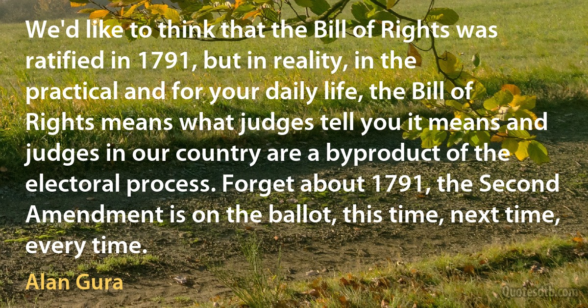 We'd like to think that the Bill of Rights was ratified in 1791, but in reality, in the practical and for your daily life, the Bill of Rights means what judges tell you it means and judges in our country are a byproduct of the electoral process. Forget about 1791, the Second Amendment is on the ballot, this time, next time, every time. (Alan Gura)