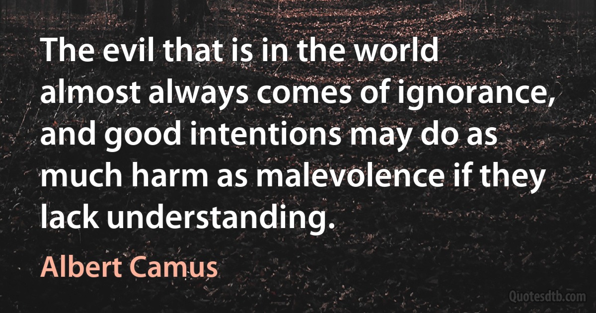 The evil that is in the world almost always comes of ignorance, and good intentions may do as much harm as malevolence if they lack understanding. (Albert Camus)