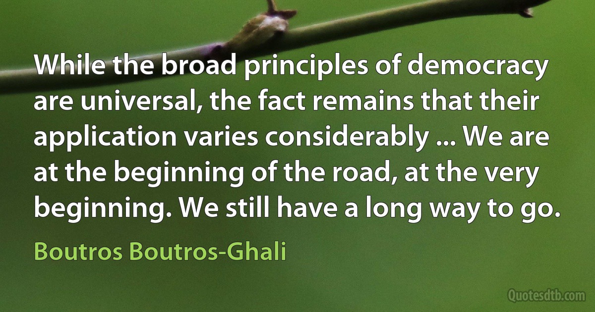 While the broad principles of democracy are universal, the fact remains that their application varies considerably ... We are at the beginning of the road, at the very beginning. We still have a long way to go. (Boutros Boutros-Ghali)