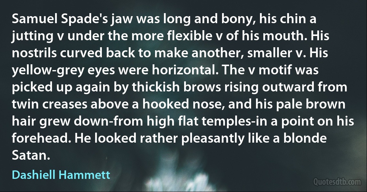 Samuel Spade's jaw was long and bony, his chin a jutting v under the more flexible v of his mouth. His nostrils curved back to make another, smaller v. His yellow-grey eyes were horizontal. The v motif was picked up again by thickish brows rising outward from twin creases above a hooked nose, and his pale brown hair grew down-from high flat temples-in a point on his forehead. He looked rather pleasantly like a blonde Satan. (Dashiell Hammett)