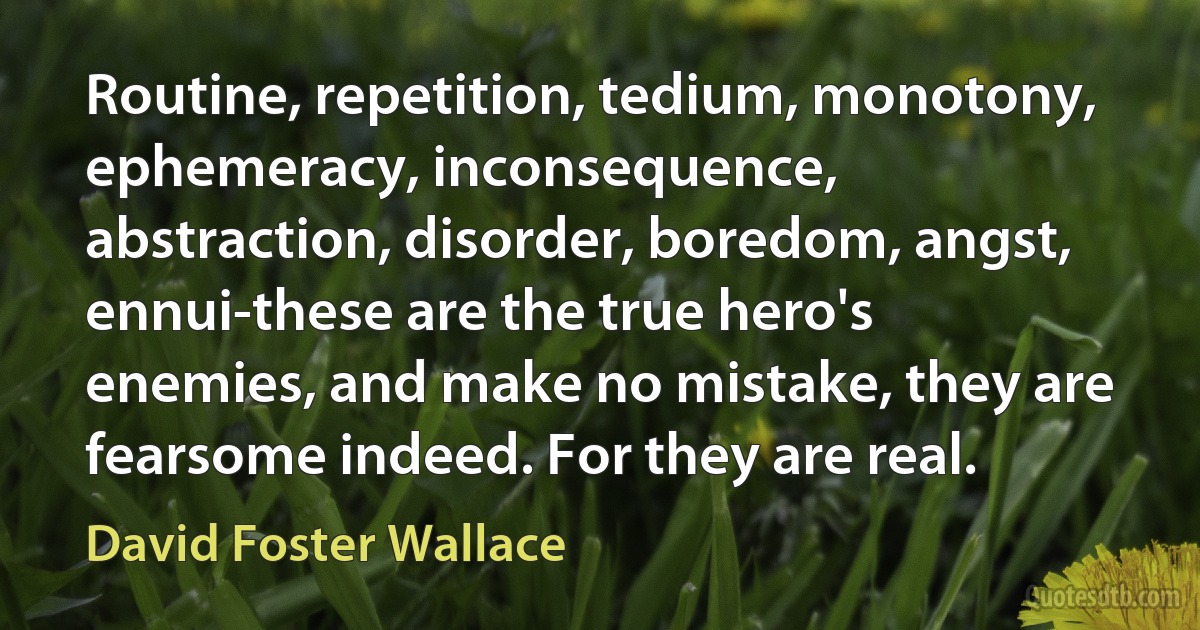 Routine, repetition, tedium, monotony, ephemeracy, inconsequence, abstraction, disorder, boredom, angst, ennui-these are the true hero's enemies, and make no mistake, they are fearsome indeed. For they are real. (David Foster Wallace)