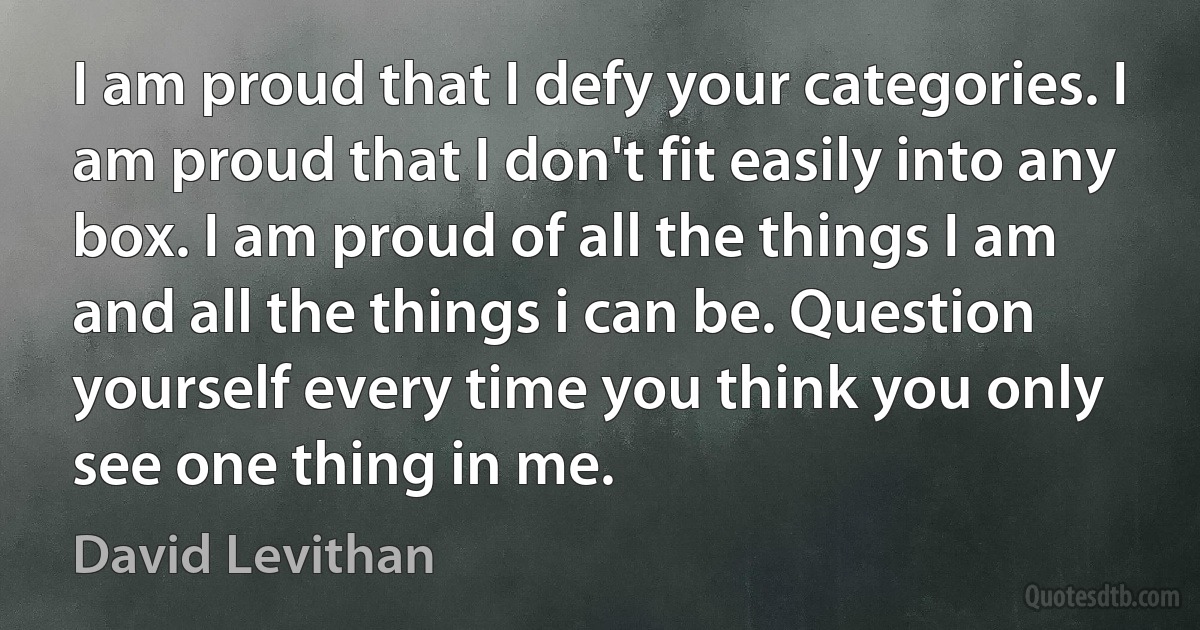 I am proud that I defy your categories. I am proud that I don't fit easily into any box. I am proud of all the things I am and all the things i can be. Question yourself every time you think you only see one thing in me. (David Levithan)