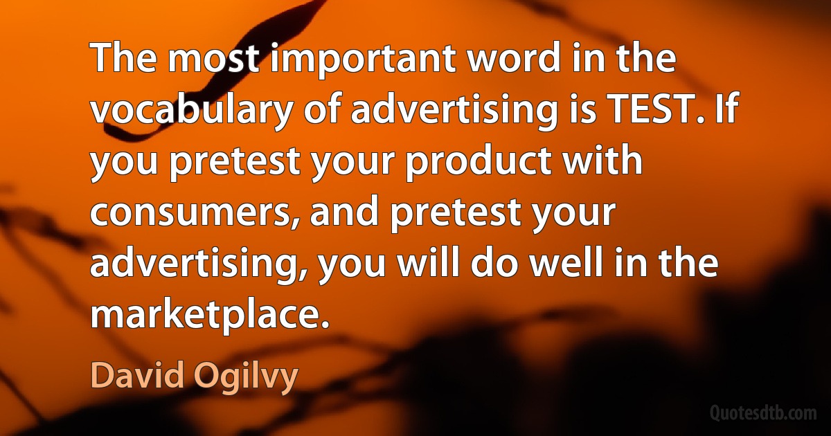 The most important word in the vocabulary of advertising is TEST. If you pretest your product with consumers, and pretest your advertising, you will do well in the marketplace. (David Ogilvy)