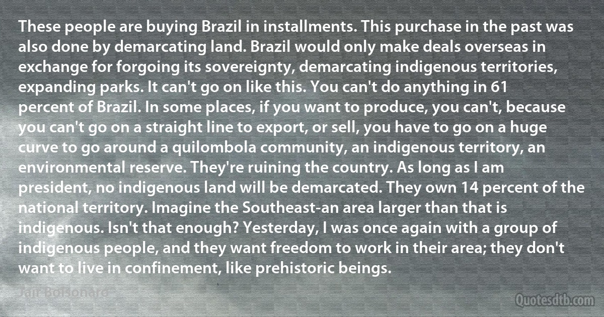 These people are buying Brazil in installments. This purchase in the past was also done by demarcating land. Brazil would only make deals overseas in exchange for forgoing its sovereignty, demarcating indigenous territories, expanding parks. It can't go on like this. You can't do anything in 61 percent of Brazil. In some places, if you want to produce, you can't, because you can't go on a straight line to export, or sell, you have to go on a huge curve to go around a quilombola community, an indigenous territory, an environmental reserve. They're ruining the country. As long as I am president, no indigenous land will be demarcated. They own 14 percent of the national territory. Imagine the Southeast-an area larger than that is indigenous. Isn't that enough? Yesterday, I was once again with a group of indigenous people, and they want freedom to work in their area; they don't want to live in confinement, like prehistoric beings. (Jair Bolsonaro)